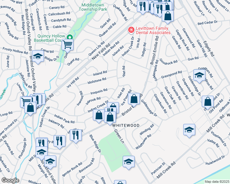map of restaurants, bars, coffee shops, grocery stores, and more near 234 Indian Creek Drive in Levittown