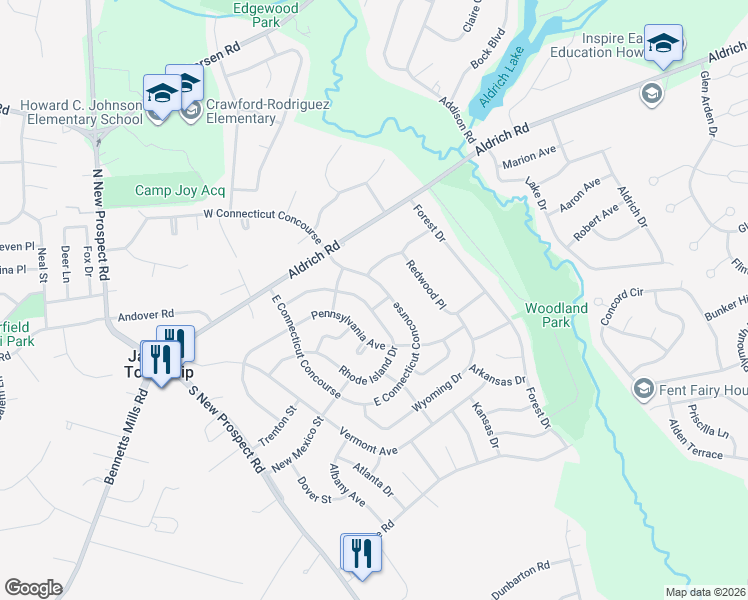 map of restaurants, bars, coffee shops, grocery stores, and more near 1 Missouri Street in Jackson Township