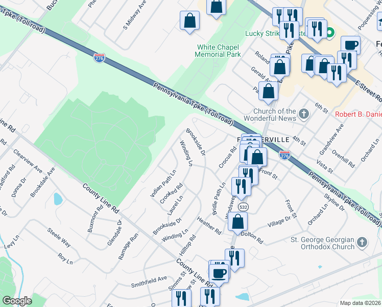 map of restaurants, bars, coffee shops, grocery stores, and more near 110 Brookside Drive in Feasterville-Trevose