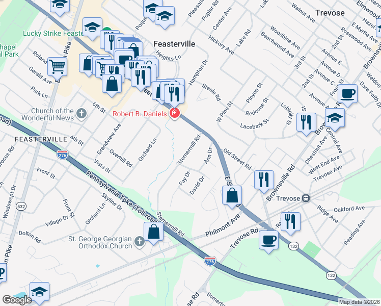 map of restaurants, bars, coffee shops, grocery stores, and more near 903 Sternermill Road in Feasterville-Trevose