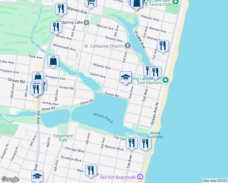 map of restaurants, bars, coffee shops, grocery stores, and more near 219 Pennsylvania Avenue in Spring Lake