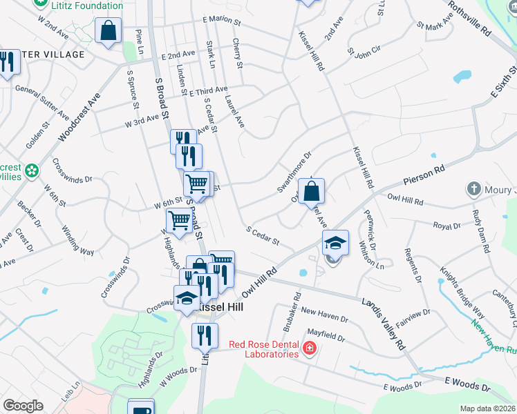 map of restaurants, bars, coffee shops, grocery stores, and more near 108 Swarthmore Dr in Lititz