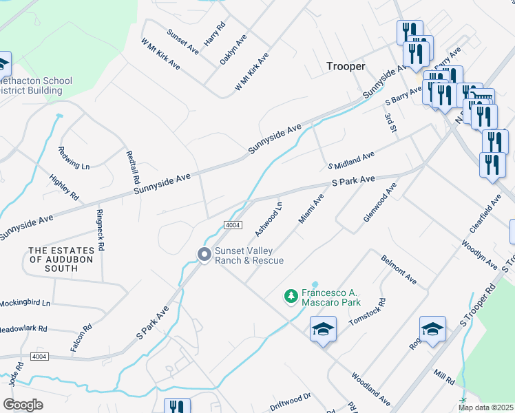 map of restaurants, bars, coffee shops, grocery stores, and more near 212 State Route 4004 in Audubon