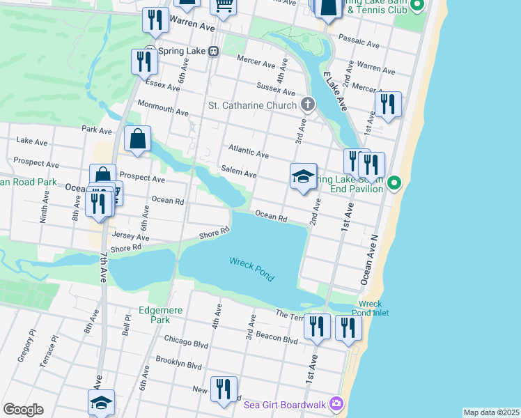 map of restaurants, bars, coffee shops, grocery stores, and more near 312 Ocean Road in Spring Lake