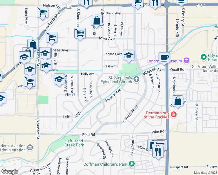 map of restaurants, bars, coffee shops, grocery stores, and more near 1130 Lefthand Drive in Longmont