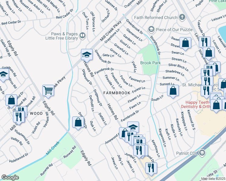 map of restaurants, bars, coffee shops, grocery stores, and more near 21 Fireside Lane in Levittown