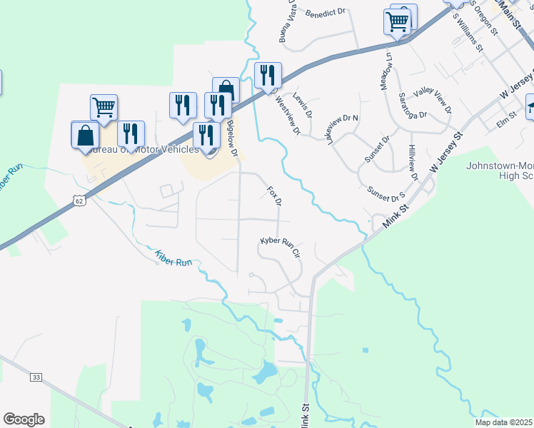map of restaurants, bars, coffee shops, grocery stores, and more near 332 Raccoon Avenue in Johnstown