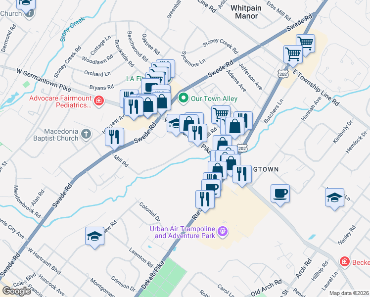 map of restaurants, bars, coffee shops, grocery stores, and more near 151 Mill Road in East Norriton