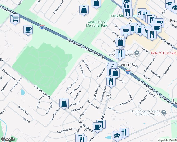 map of restaurants, bars, coffee shops, grocery stores, and more near 110 Brookside Drive in Feasterville-Trevose