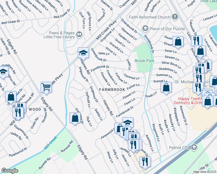 map of restaurants, bars, coffee shops, grocery stores, and more near 21 Fireside Lane in Levittown