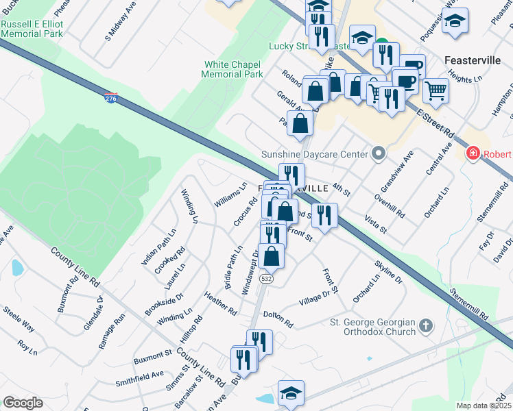 map of restaurants, bars, coffee shops, grocery stores, and more near 127 Crocus Road in Feasterville-Trevose
