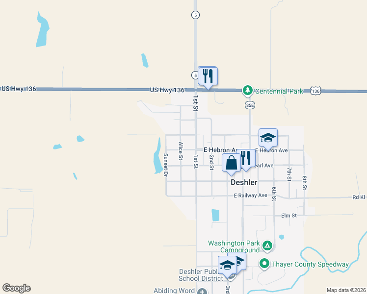 map of restaurants, bars, coffee shops, grocery stores, and more near 412 Alice Street in Deshler
