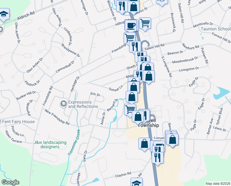 map of restaurants, bars, coffee shops, grocery stores, and more near 38 Bernard Drive in Howell Township