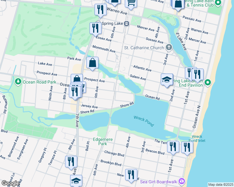 map of restaurants, bars, coffee shops, grocery stores, and more near 421 Ocean Road in Spring Lake