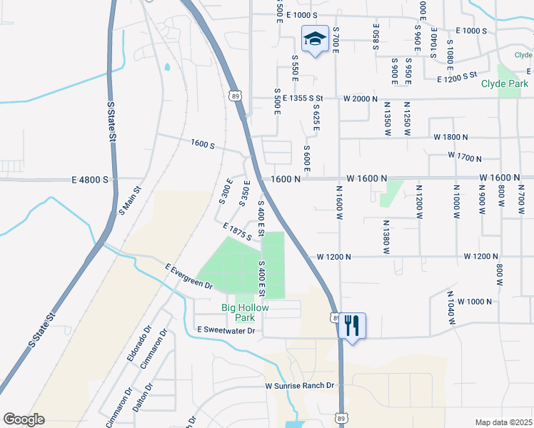 map of restaurants, bars, coffee shops, grocery stores, and more near 1790 South 400 East in Springville