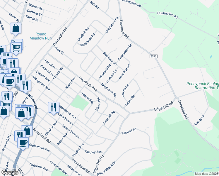 map of restaurants, bars, coffee shops, grocery stores, and more near 410 Greyhorse Road in Willow Grove