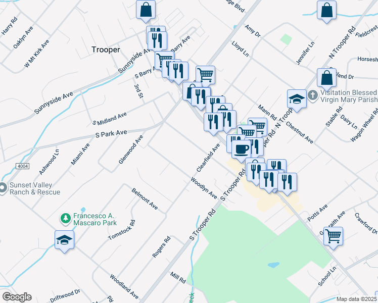 map of restaurants, bars, coffee shops, grocery stores, and more near 112 Oakdale Avenue in Eagleville