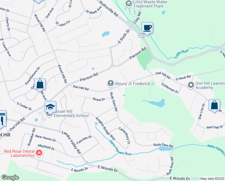 map of restaurants, bars, coffee shops, grocery stores, and more near 300 Owl Hill Road in Lititz
