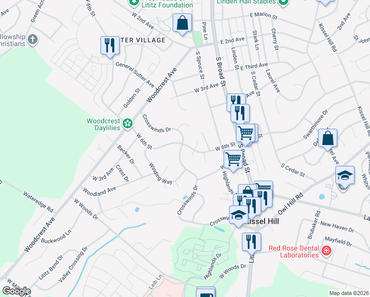 map of restaurants, bars, coffee shops, grocery stores, and more near 493 Crosswinds Drive in Lititz
