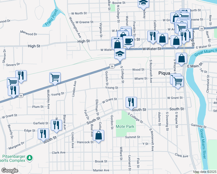 map of restaurants, bars, coffee shops, grocery stores, and more near 725 Young Street in Piqua