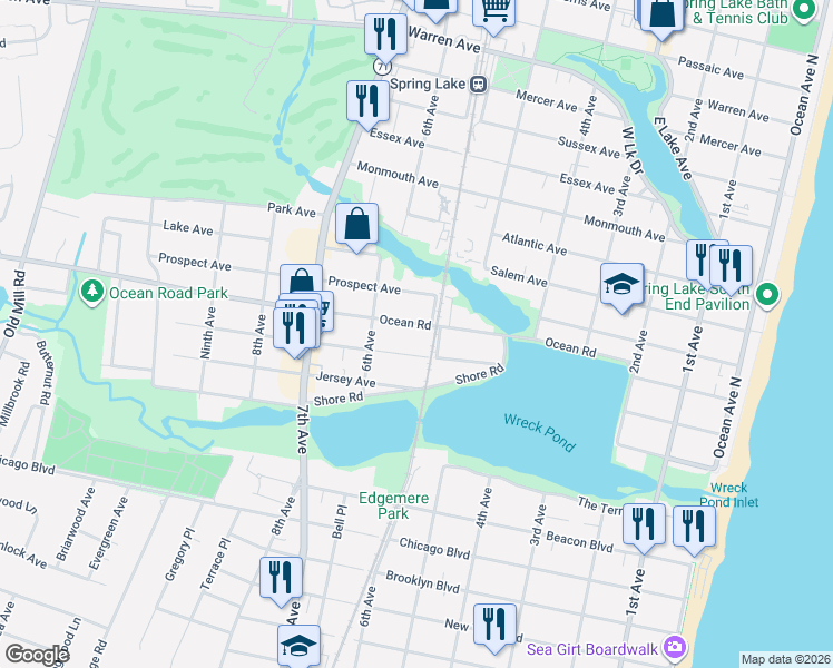 map of restaurants, bars, coffee shops, grocery stores, and more near 560 Central Avenue in Spring Lake