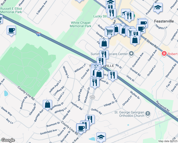 map of restaurants, bars, coffee shops, grocery stores, and more near 127 Crocus Road in Feasterville-Trevose
