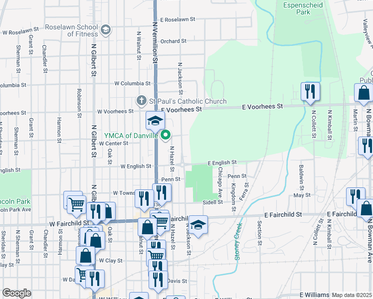 map of restaurants, bars, coffee shops, grocery stores, and more near 929 North Jackson Street in Danville