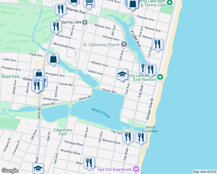 map of restaurants, bars, coffee shops, grocery stores, and more near 312 Ocean Road in Spring Lake