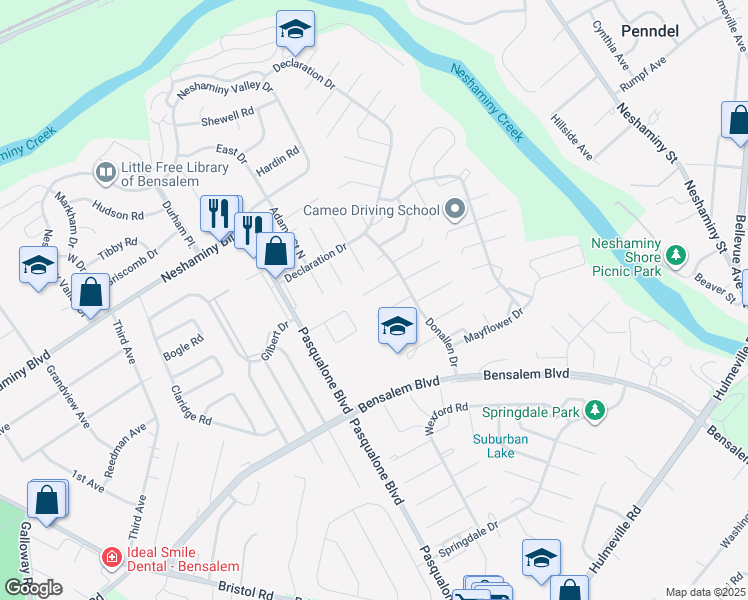 map of restaurants, bars, coffee shops, grocery stores, and more near 6237 Nathan Hale Court in Bensalem