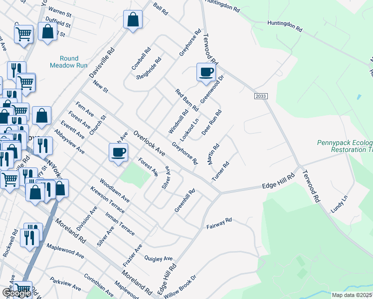 map of restaurants, bars, coffee shops, grocery stores, and more near 410 Greyhorse Road in Willow Grove