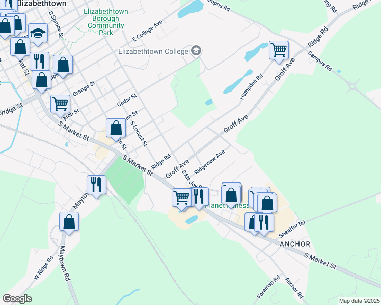 map of restaurants, bars, coffee shops, grocery stores, and more near 427 Groff Avenue in Elizabethtown