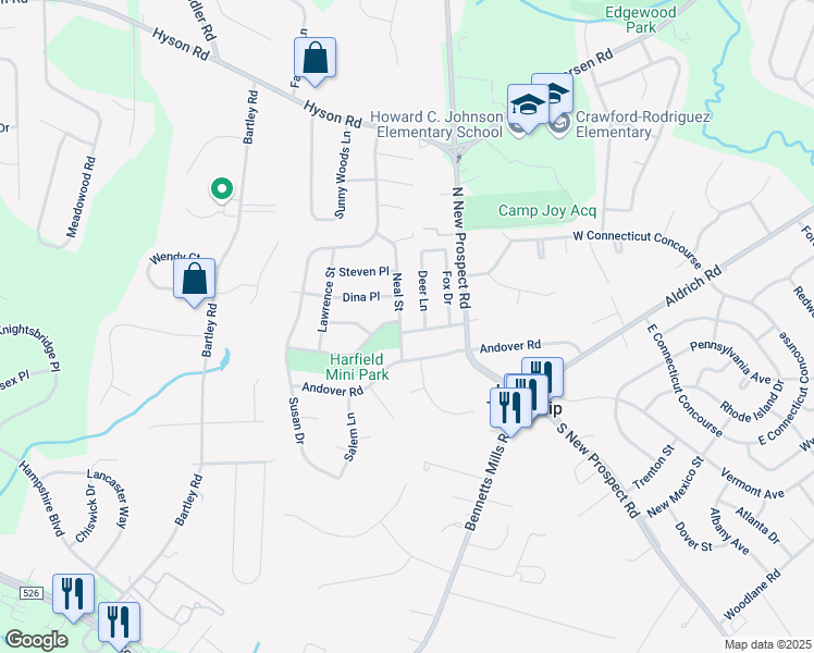 map of restaurants, bars, coffee shops, grocery stores, and more near 12 Harfield Drive in Jackson Township