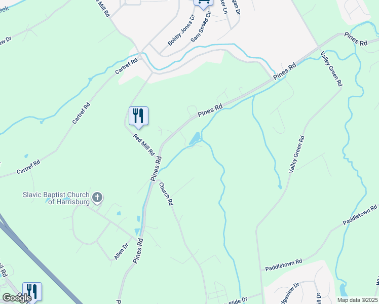 map of restaurants, bars, coffee shops, grocery stores, and more near Pines Road in York County