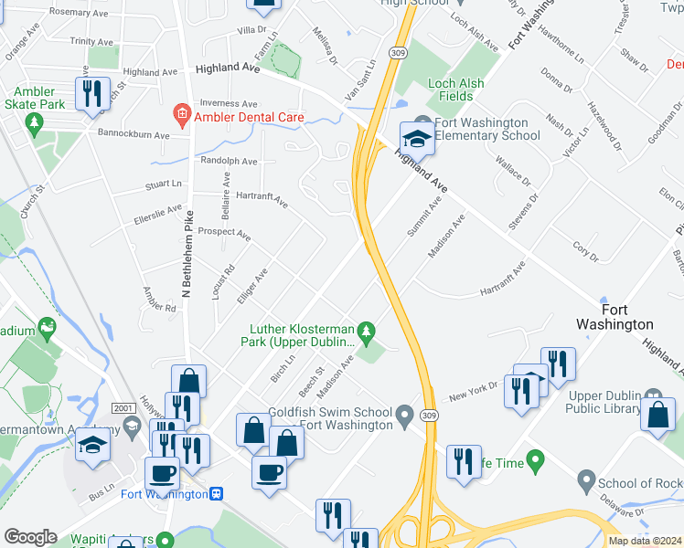 map of restaurants, bars, coffee shops, grocery stores, and more near 419 Fort Washington Avenue in Fort Washington