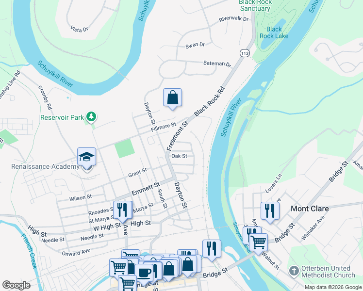 map of restaurants, bars, coffee shops, grocery stores, and more near 437 Freemont Street in Phoenixville