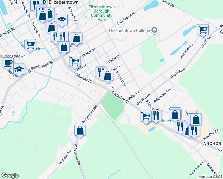 map of restaurants, bars, coffee shops, grocery stores, and more near 933 South Market Street in Elizabethtown