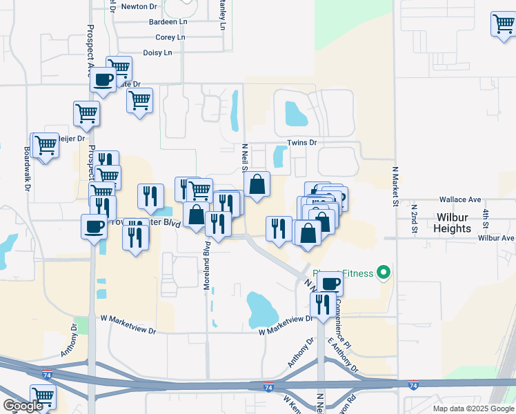 map of restaurants, bars, coffee shops, grocery stores, and more near 2102 North Neil Street in Champaign