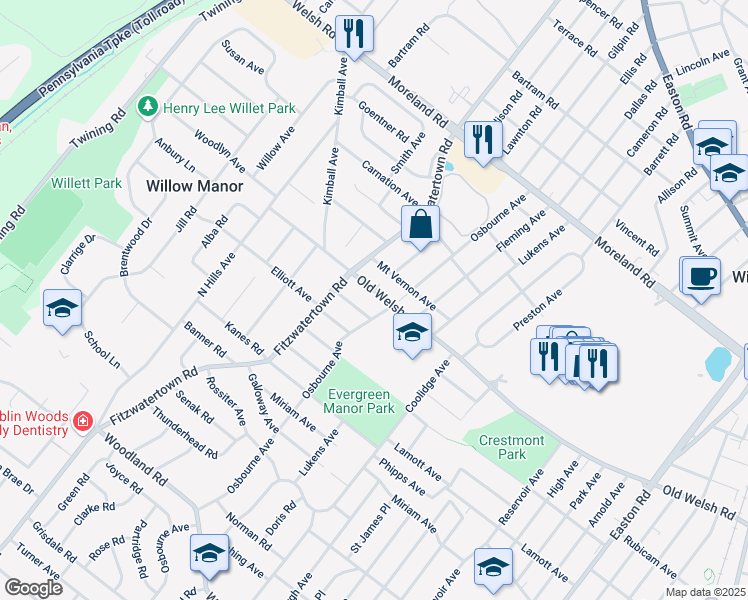 map of restaurants, bars, coffee shops, grocery stores, and more near 2814 Old Welsh Road in Willow Grove