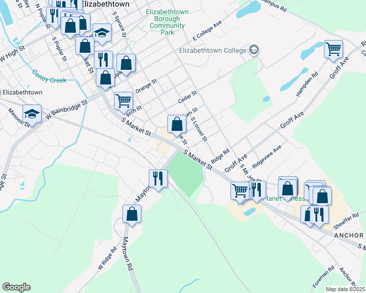 map of restaurants, bars, coffee shops, grocery stores, and more near 933 South Market Street in Elizabethtown