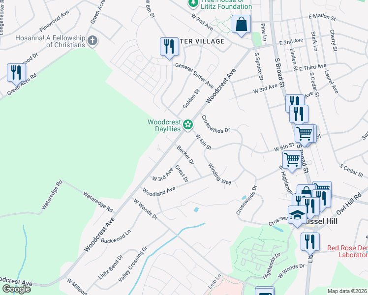 map of restaurants, bars, coffee shops, grocery stores, and more near 615 Woodcrest Avenue in Lititz