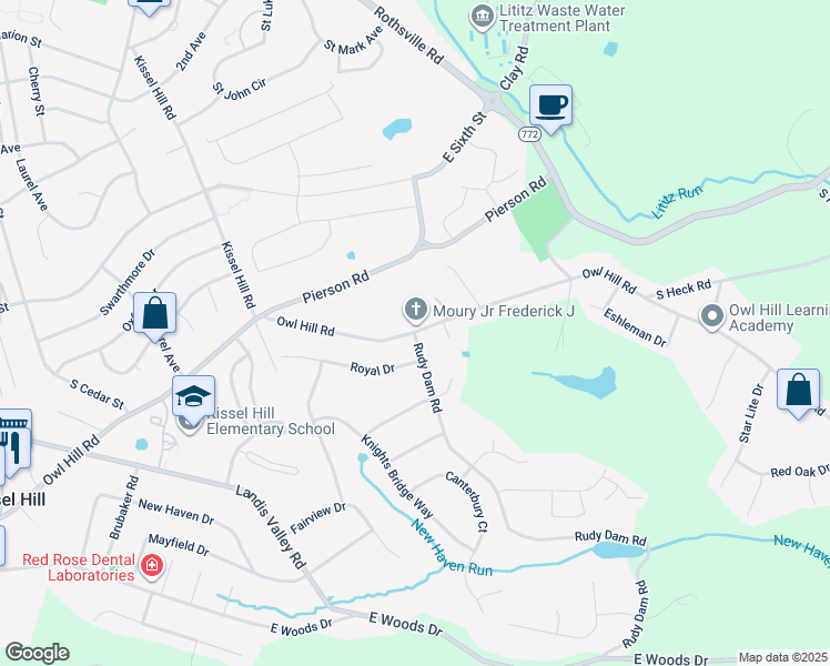map of restaurants, bars, coffee shops, grocery stores, and more near 300 Owl Hill Road in Lititz