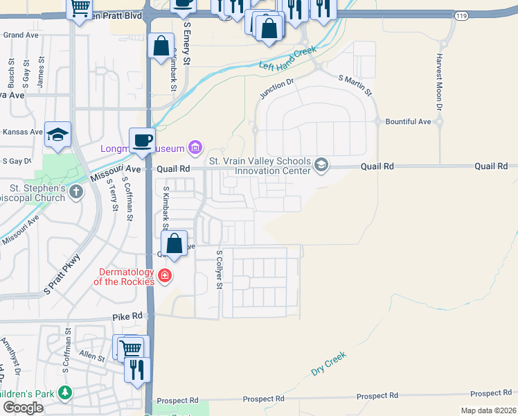 map of restaurants, bars, coffee shops, grocery stores, and more near 1252 South Oak Court in Longmont