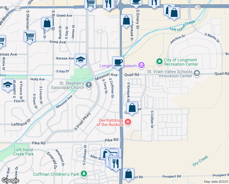 map of restaurants, bars, coffee shops, grocery stores, and more near 1316 South Coffman Street in Longmont