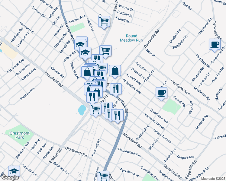 map of restaurants, bars, coffee shops, grocery stores, and more near in Willow Grove