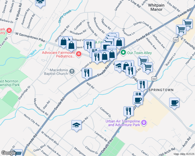 map of restaurants, bars, coffee shops, grocery stores, and more near 2812 Swede Road in Norristown