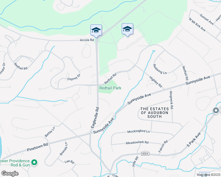 map of restaurants, bars, coffee shops, grocery stores, and more near 1117 Redtail Road in Audubon