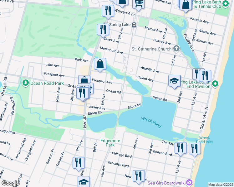 map of restaurants, bars, coffee shops, grocery stores, and more near 560 Central Avenue in Spring Lake