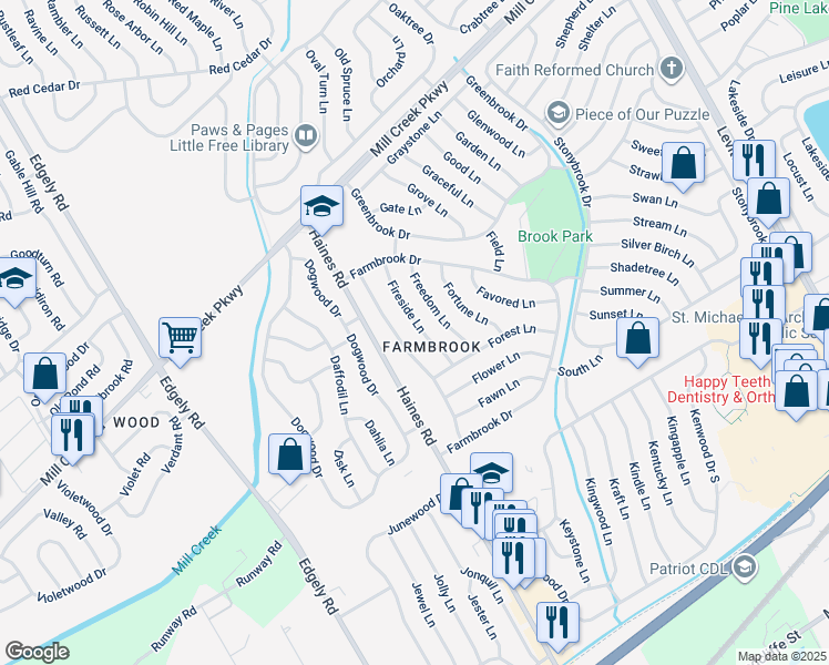 map of restaurants, bars, coffee shops, grocery stores, and more near 25 Fireside Lane in Levittown