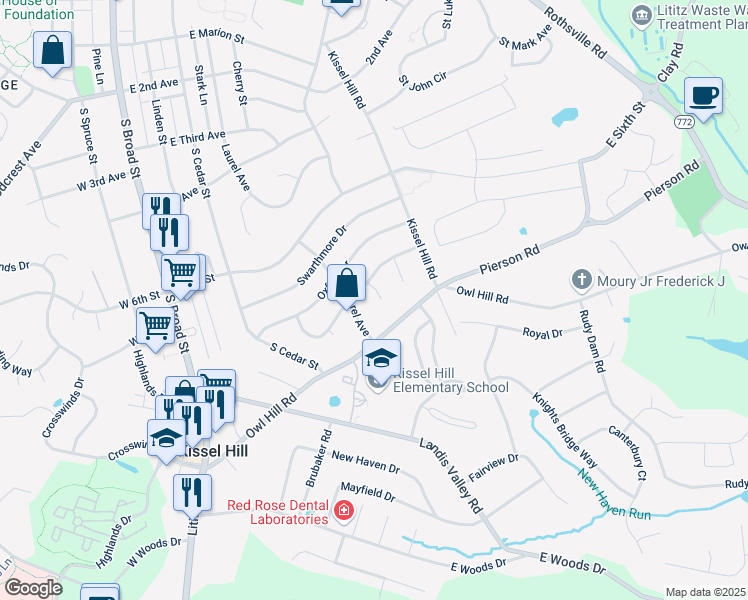 map of restaurants, bars, coffee shops, grocery stores, and more near 208 Aspen Lane in Lititz