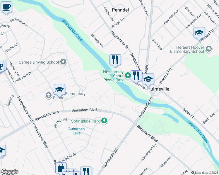 map of restaurants, bars, coffee shops, grocery stores, and more near 2708 Dudley Court in Bensalem